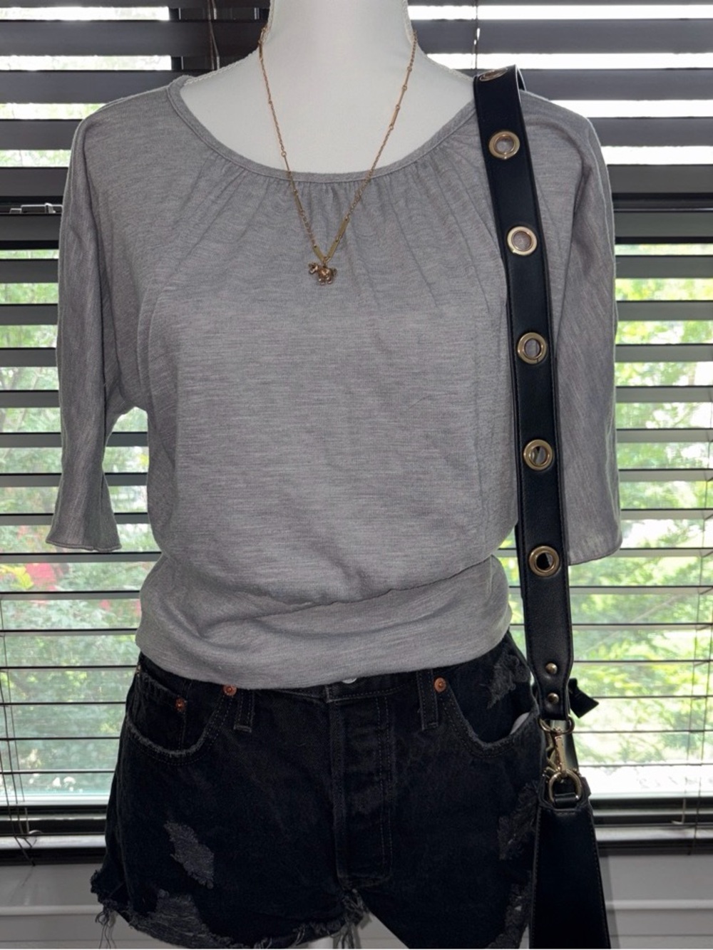 Notations Gray Short-Sleeve Gathered-Neck Top